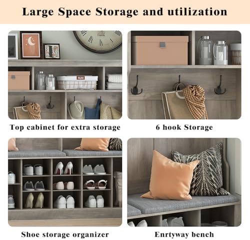 Wodeer Hall Tree with Bench and Shoe Storage, 53" Farmhouse 4-in-1 Mudroom Storage Organizer with Coat Rack, 6 Hooks, 12 Shoe Cubbies, Adjustable Shelf, for Entryway, Hallway, Living Room, Grey - Image 5