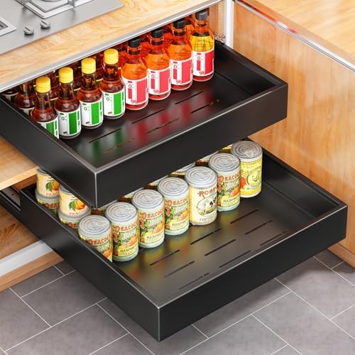 2Pack Pull out Cabinet Organizer, 21"Deep, 20"Wide Full-extension Heavy Duty Slide out Drawers Fixed with Adhesive Nano, Roll Out Shelves Sliding Cabinet for Kitchen,Bathroom,Pantry,Under Sink(Black) by Kitstorack