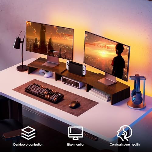 FITUEYES Dual Monitor Stand Riser, Adjustable Length and Angle, Brown - Image 2