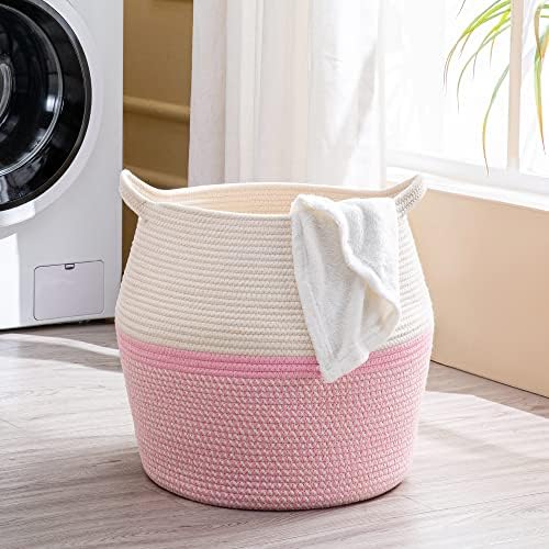 KAKAMAY Woven Baskets for Storage(17"x17"),Large Cotton Rope Woven Baby Laundry Hamper,Collapsible Laundry Basket, Blanket Basket for Organizing Living Room,Nursery,Pillows,Toy Chest(Pink) - Image 3