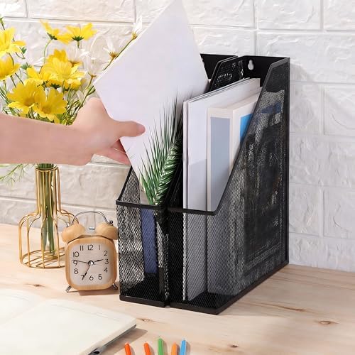 Sliner 2 Pack Metal Magazine Holder Black Mesh Steel Document Rack 1 Section File Organizer Extra Wide Magazine Folder Storage Desk Tidy for Office Home, 12.6”x 9.8”x 3” - Image 3