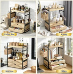 2-Tier Bathroom Counter Organizer with 2 Drawers, Basket and Hooks, Wood Bathroom Organizers and Storage for Countertop, Farmhouse Bathroom Countertop Organizer for Vanity, Kitchen, Coffee Bar, Office - Image 5