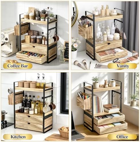 2-Tier Bathroom Counter Organizer with 2 Drawers, Basket and Hooks, Wood Bathroom Organizers and Storage for Countertop, Farmhouse Bathroom Countertop Organizer for Vanity, Kitchen, Coffee Bar, Office - Image 5