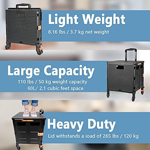 Utility Cart Folding Portable Rolling Crate Handcart with Lid Durable Heavy Duty Plastic Telescoping Handle Collapsible 360 Degree Rotate Wheels for Travel Shopping Moving Luggage Office Use,Black - Image 4