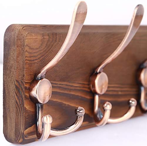 SKOLOO Coat Rack Wall Mounted - Pack of 2, Wooden, Heavy Duty, Rustic Coat Hooks for Wall, Wall Coat Rack with 5 Triple Hooks for Hanging Clothes, Jacket, Hat(Brown & Retro Red) - Image 3