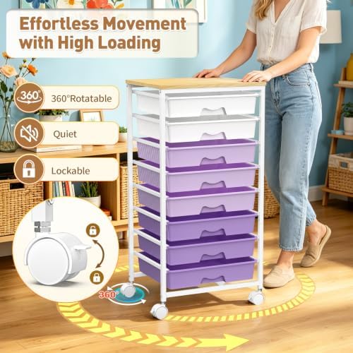 SUNALLY Rolling Cart with 8 Drawers, Craft Art Storage Drawer Cart, Purple - Image 6