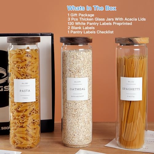 CZZGSM 3 Set Glass Pantry Storage Jars with Acacia Airtight Lid - 50oz Thicken Glass Kitchen Canisters with 132 Pantry Labels - Tall Food Storage Containers with Wood Lid for Pasta,Spaghetti,Cereal - Image 2