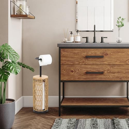 Trongee Freestanding Toilet Paper Holder with Storage,3 Rolls of Boho Toilet Paper Holder Stand with Lid,Gold Toilet Tissue Holder Stand Rattan Paper Storage Wicker Toilet Roll Holder Basket - Image 7