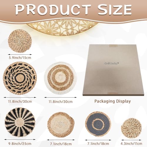 CroBlissful 7 Pcs Boho Wall Baskets Woven Seagrass Round, Classic - Image 2