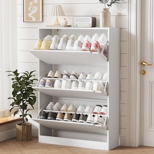 Xixini Shoe Storage Cabinet for Entryway with 3 Flip Drawers, Sturdy Wood Hidden Shoe Storage, Freestanding Narrow Slim Shoe Organizer for Front Door Entrance, Living Room, Hallway, Bedroom, White by Xixini
