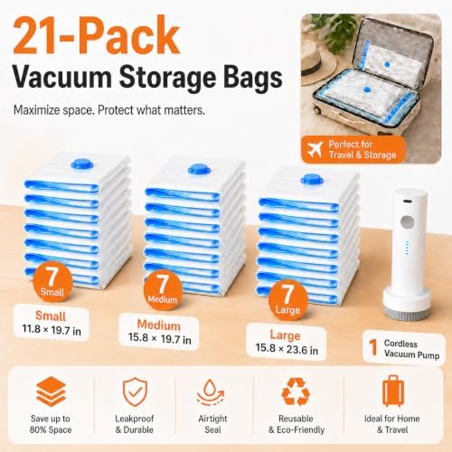 21 Pack Vacuum Bags for Travel with Rechargeable Pump, Save Luggage Space - Image 2