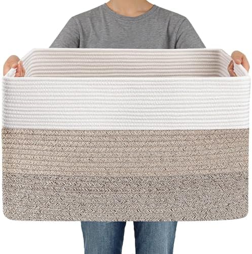 JMvicyroam 96L Large Woven Cotton Rope Blanket Basket, White&Brown by JMvicyroam