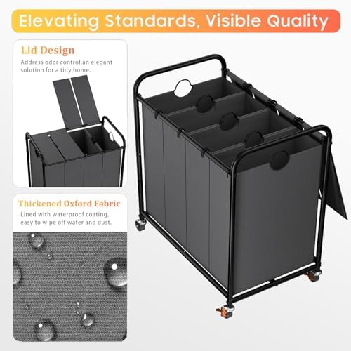 Laundry Sorter 4 Sections 48 Gal, Rolling Laundry Basket with Wheels ＆ Lid - Image 3
