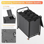 Laundry Sorter 4 Sections 48 Gal, Rolling Laundry Basket with Wheels ＆ Lid - Image 3