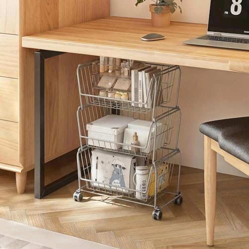 PUSDON 4-Tier Large Stackable Wire Storage Baskets with Wheels, Metal Rolling Utility Cart Organizer, Fruit and Vegetable Produce Basket for Kitchen Pantry, Bathroom Floor Shelf, Silver Grey - Image 7
