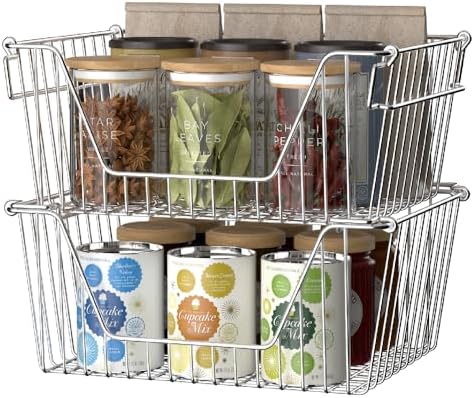 Slideep 14'' Large Stackable Storage Baskets Cabinet Organizer Sturdy Metal Wire Pantry Freezer Bin for Pantry Home Bathroom Kitchen Organization 2 Packs - Image 4
