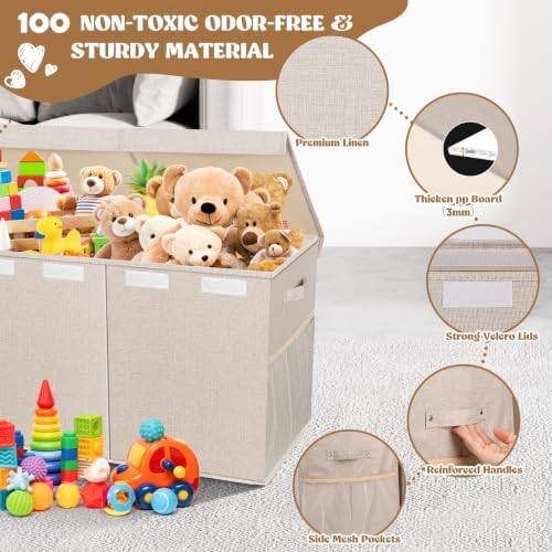 Extra Large Toy Box with Lids, Collapsible Storage Bin, 38"x16"x14",Beige - Image 4