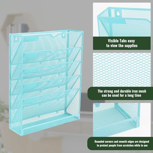 EASEPRES 6 Tier Mesh Hanging Wall File Organizer, Desk Vertical Mail Paper Document Folder Holder Rack with Bottom Tray and Nametag Label for Office Home School, Blue - Image 4