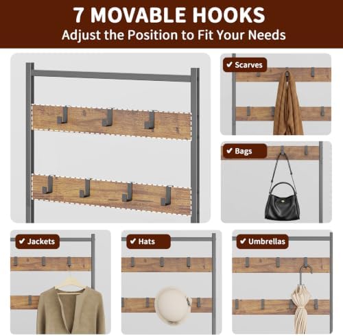 3-in-1 Entryway Coat Rack Hall Tree with Shoe Storage Bench - Brown - Image 5