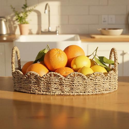Household Essentials Round Handwoven Seagrass Tray with Scalloped Edge and Handles, Natural - Image 7