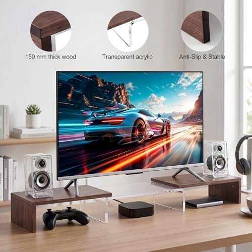 High-Clarity Dual Monitor Riser, Desk Organizer for Computer Monitor, Acrylic Monitor Riser with Keyboard Storage, Adjustable Angle & Length Computer Monitor Stand Walnut Look - Image 7