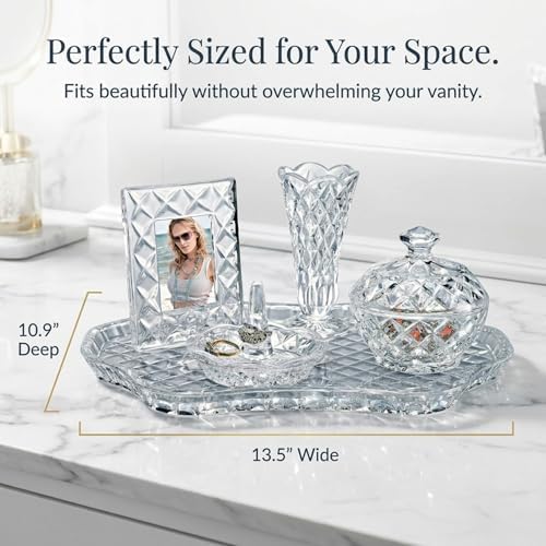 Godinger Crystal Glass Vanity Set of 5, Display Tray, Ring Holder, Vase, Picture Frame, Storage Box with Lid, Shannon Collection - Image 3