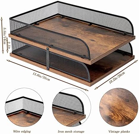 Set of 2 Vintage Wood & Metal Letter Tray，Desk Organizers Paper Tray，Office File Organizer(Black) - Image 2