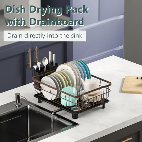 AIDERLY Metal Dish Drying Rack Automatic Drainage, Brown, Large - Image 2