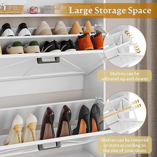 Wodeer White Shoe Storage Cabinet with 2 Flip Drawers, Narrow Wood Shoe Cabinet Storage for Entryway with Metal Legs & Hooks, Adjustable Shelves, Freestanding Shoe Rack Organizer for Foyer, Hallway - Image 6