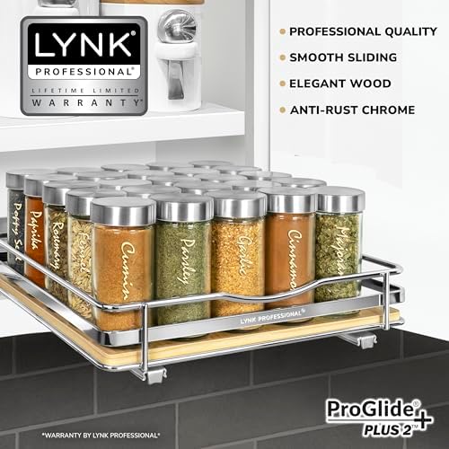 LYNK PROFESSIONAL® Élite™ Pull Out Spice Organization for Cabinets - 10-3/8 inch Wide – Spice Rack for Inside Cabinets – Wood/Chrome - Sliding Spice Rack Organizer for cabinet – Spice Rack - 1 Tier - Image 2