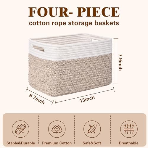 Storage Baskets for Organizing, 4 Pack Baskets for Shelves, Decorative Storage Bins for Shelves, Cotton Rope Storage Basket with Handles, Woven Basket for Storage, 13''Lx8.7''Wx7.9''H, White & Brown - Image 3