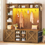 Itaar Hall Tree with Bench and Shoe Storage, 59.1" Farmhouse Entryway Bench with Coat Rack, Shoe Cabinet with Flip Drawers, 12 Shelves, 9 Coat Hooks, Storage Bag, Led Lights, Rustic Brown by Itaar
