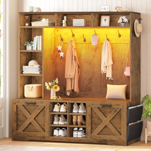 Itaar Hall Tree with Bench and Shoe Storage, 59.1" Farmhouse Entryway Bench with Coat Rack, Shoe Cabinet with Flip Drawers, 12 Shelves, 9 Coat Hooks, Storage Bag, Led Lights, Rustic Brown by Itaar