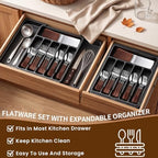 Orange Silverware Set with Expandable Drawer Organizer for 6-24 Piece Stainless Steel Flatware Set with Spoons, Forks, Knives, Heavy Duty Mirror Polished for Home/Kitchen/Restaurant (Woodgrain) - Image 2