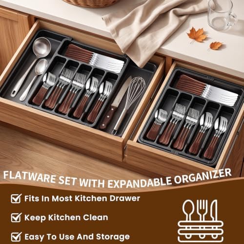Orange Silverware Set with Expandable Drawer Organizer for 6-24 Piece Stainless Steel Flatware Set with Spoons, Forks, Knives, Heavy Duty Mirror Polished for Home/Kitchen/Restaurant (Woodgrain) - Image 2