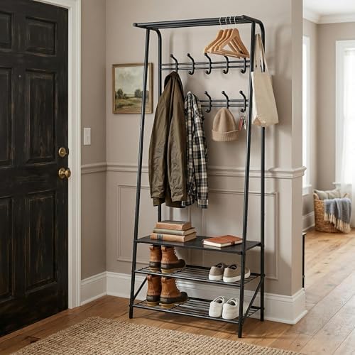 24" Black Hall Tree with Bench and Shoe Storage, Double Row Hooks Coat Rack Freestanding Organizer, Heavy Duty Coat Rack with Shoe Storage, Coat and Shoe Rack Entryway Mudroom Hallway - Image 2