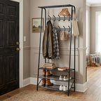 24" Black Hall Tree with Bench and Shoe Storage, Double Row Hooks Coat Rack Freestanding Organizer, Heavy Duty Coat Rack with Shoe Storage, Coat and Shoe Rack Entryway Mudroom Hallway - Image 2