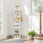 HOOBRO 8 Tiers Vertical Shoe Rack, Wooden Shoe Storage Organizer with Hooks, Narrow Shoe Tower for 8 Pairs, Space Saving, for Entryway, Living Room, Bedroom, White WT07XJ01G1 - Image 4