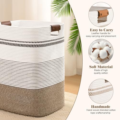 Laundry Hamper, 85L Tall Laundry Basket with Leather Handles, Rectangle Large Clothes Hamper for Organizing, Cotton Woven Laundry Baskets Storage Hampers for Bedroom, Nursery, Living Room - Image 6