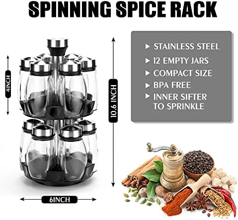 Revolving Spice Rack Organizer Countertop, Spinning Spice Storage Rack Tower Organizer with 12 Empty Jars, Rotating Spice Holder Shelf Seasoning Rack Shelf, Spice Seasoning Bottle Organizer - Image 6