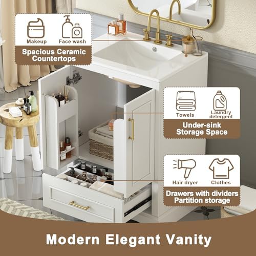 Harper & Bright Designs 24" Bathroom Vanity with Sink, Free Standing Single Basin Vanity with Divided Drawer & 2 Doors with Double Shelf, Wooden Storage Cabinet with Ceramic Basin for Bathroom, White - Image 6