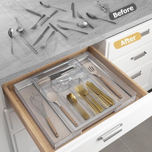 Sedegn Silverware Organizer Metal Mesh, Large Drawer Organizer, Utensil Cutlery Tray for kitchen drawers, Expandable Flatware Organizer with 8 Compartment Silver 11.6"~20" x 17.3" - Image 4