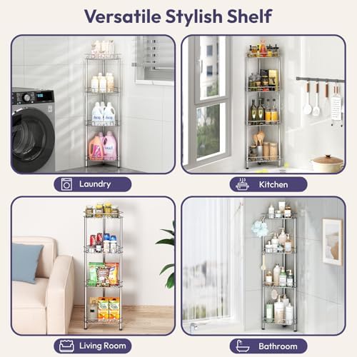 SWTYMIKI Standing Shower Caddy Corner - 4‑Tier Stainless Steel Shower Organizer Shelf with 12 Hooks and Adhesive Pads, Rustproof Corner Shelves Stand Rack for Bathroom Shower Room, Silver - Image 6