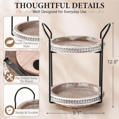 Qunclay 360 Rotating 2 Tier Wooden Tray Organizer Rustic Farmhouse Vanity Storage Large Capacity Round Organizer with Iron Frame for Cosmetics Perfume Skincare Kitchen Counter Bathroom Coffee Station - Image 2