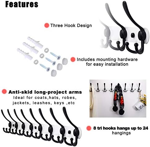 Dseap Coat Rack Wall Mount - 29.5” Long 8-Tri-Hooks Heavy Duty Coat Hanger Rail Wall Hooks for Hanging Coats Hats Clothing Clothes Purse Mudroom Entryway, White & Black - Image 4
