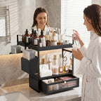 2-Tier Bathroom Counter Organizer with Acrylic Drawer & Basket, Wood Bathroom Countertop Organizer for Bathroom Decor, Rustic Black Bathroom Organizers and Storage, Bathroom Shelf for Office, Kitchen - Image 3