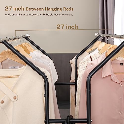 VICERII Clothing Rack, Heavy Duty Clothes Racks with Wheels and Bottom Shelf, 52.36’’ Metal Double Clothing Racks with Wheels, Wardrobe Rack for Hanging Clothes, Coats, Shirts, Skirts, Dresses, Black - Image 3