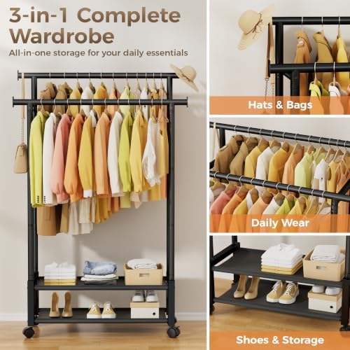 Double Rod Clothing Rack with 2 Shelves, Rolling, Black - Image 5