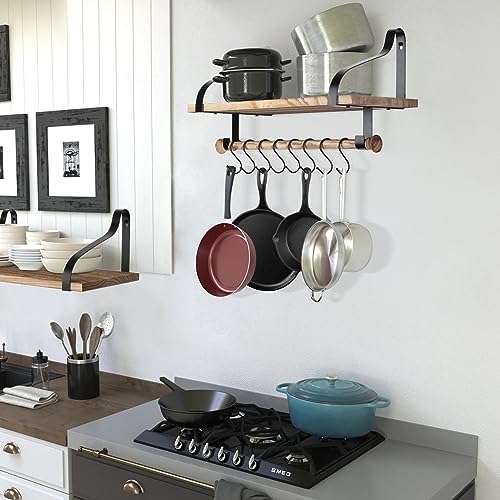 Gurfury Wooden Hanging Pot Rack with 8 Hooks - Farmhouse Style Wall Mount Multifunctional Cookware Organizer Rack Kitchen Storage for Pans Utensils (Natural) - Image 5
