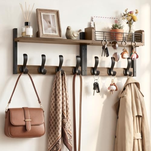 Delamu 29" Large Coat Rack Wall Mount with Shelf, 4 in 1 Shelf with 11 Hooks, Wooden Key and Mail Holder for Wall for Entryway, Living Room and Bedroom, Brown by DELAMU